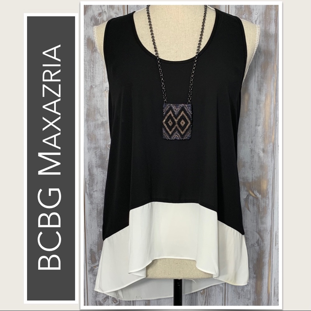 BCBG Maxazria High-Low Black Racerback Tank with White Trim EUC Classic Stylish